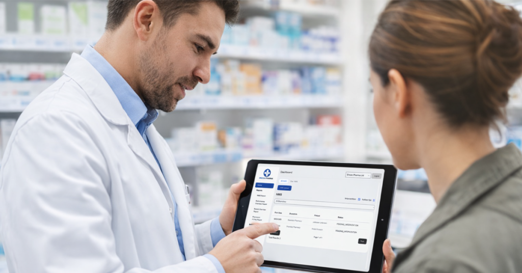 Pharmacist showing NMS platform